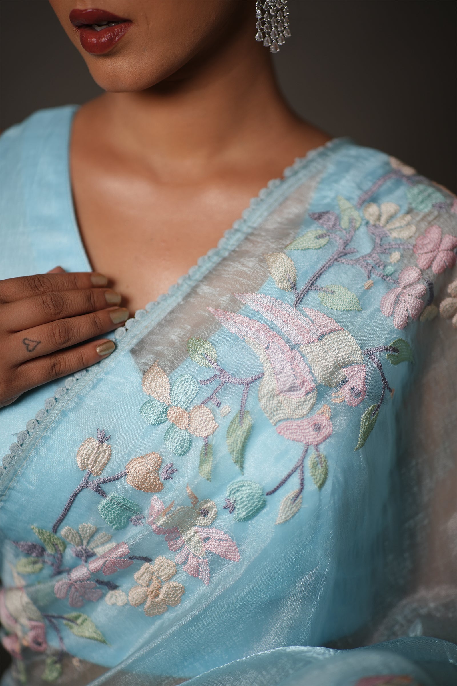 Sky Blue Organza Saree with Pastel Floral Thread Work