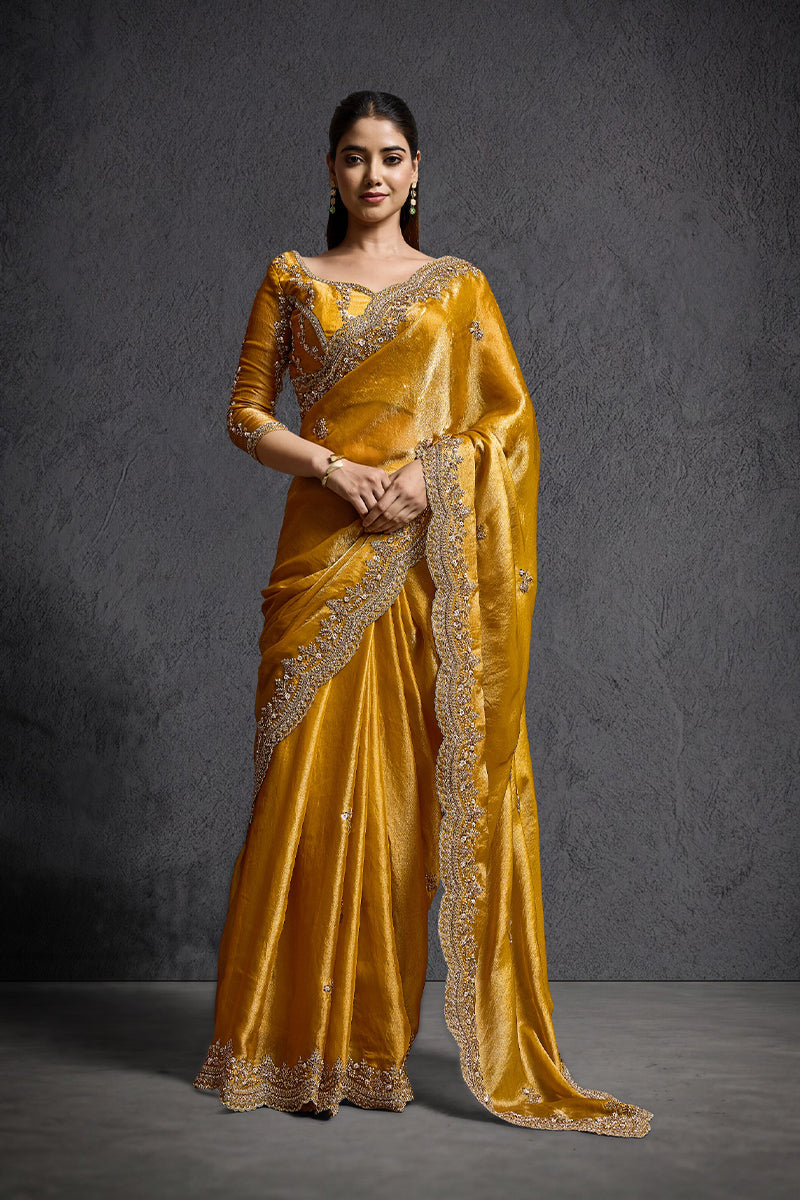 Yellow Organza Silk Saree with Hand Embroidery with Stitched Blouse