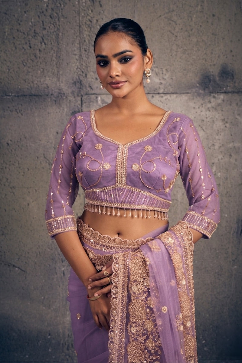 Light Lavendar Net Saree with Hand Embroidery with Stitched Blouse