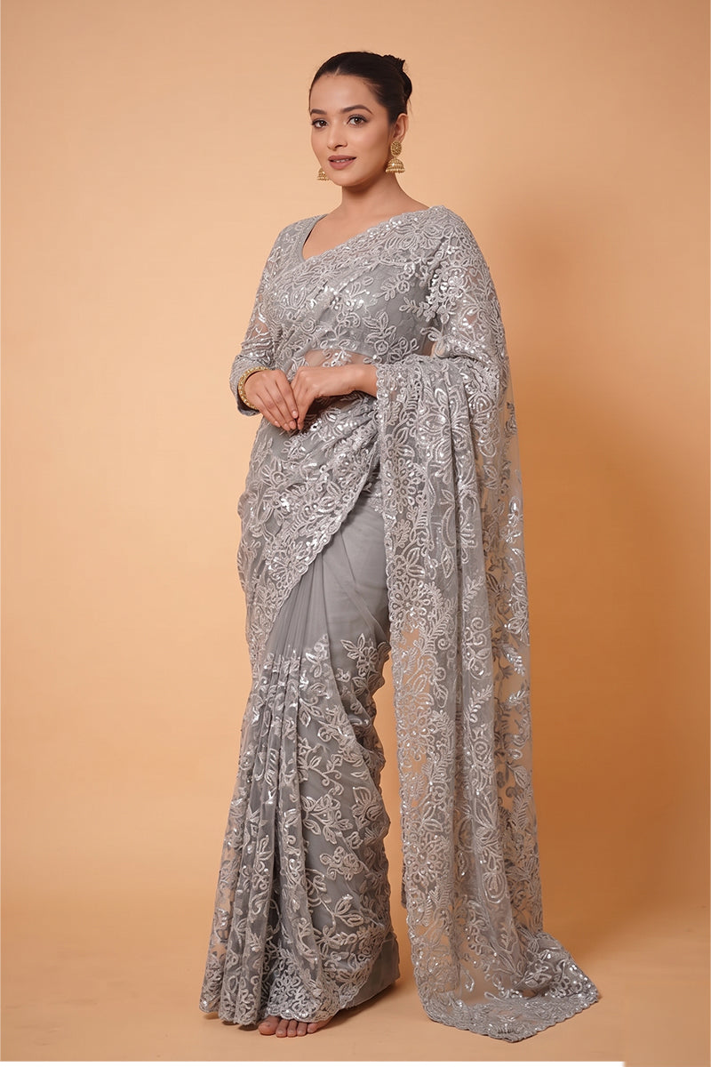 Grey Super Net Saree Featuring Sequin & Swarovski Detailing