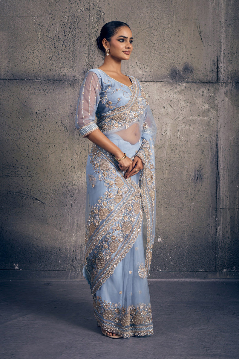 Sky Blue Net Saree with Hand Embroidery with Stitched Blouse