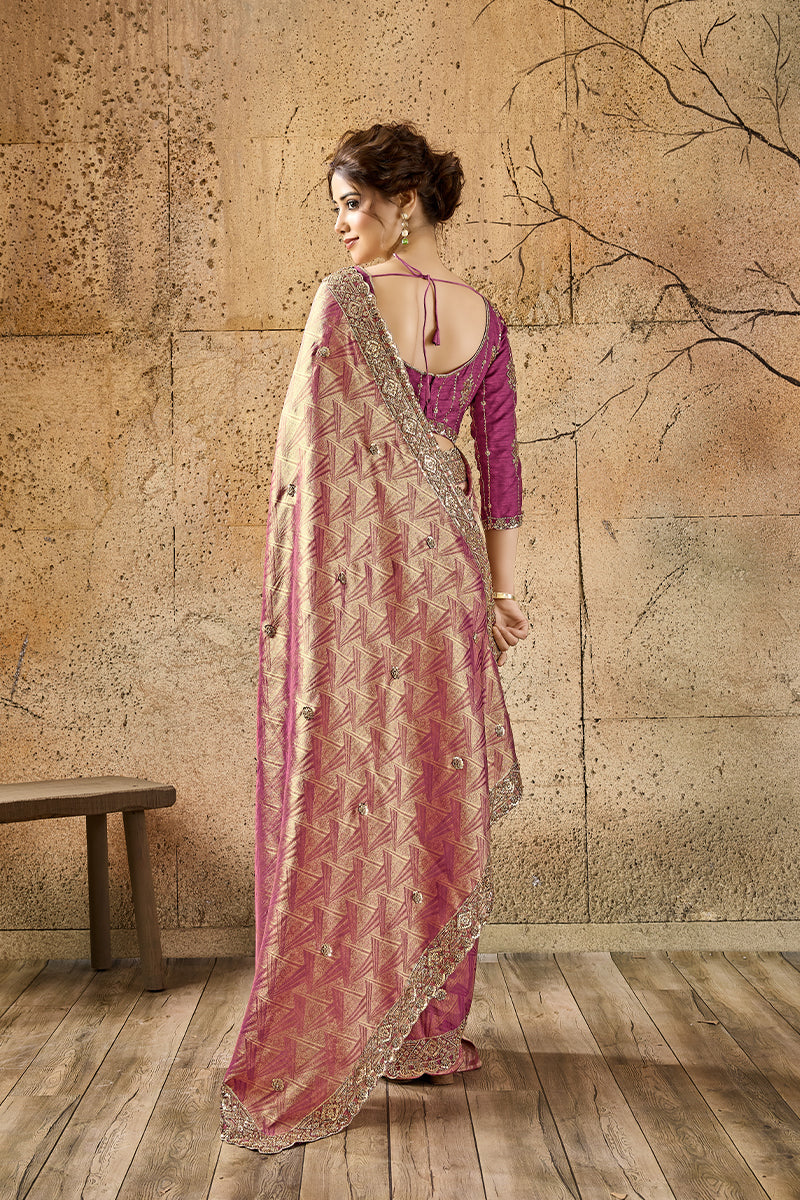 Rose Pink Organza Silk Saree with Zari Hand Embroidery with Stitched Blouse