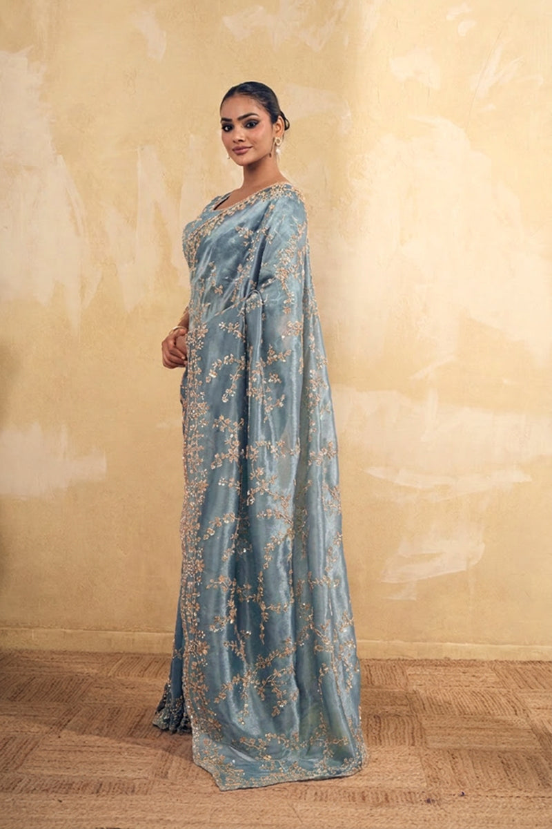 Aqua Blue Organza Silk Saree with Hand Embriodery with Stitched Blouse