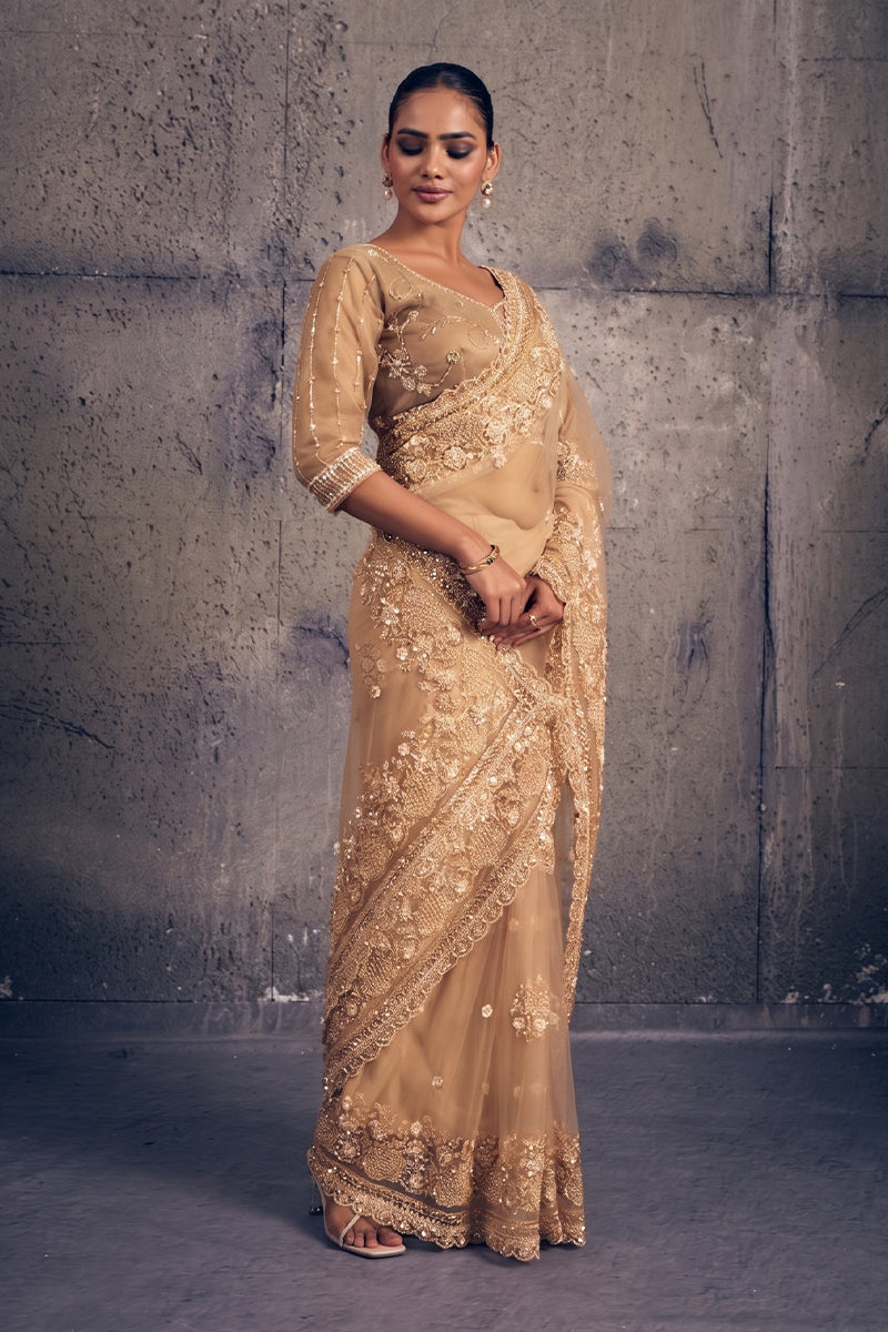Beige Gold Net Saree with Hand Embroidery with Stitched Blouse