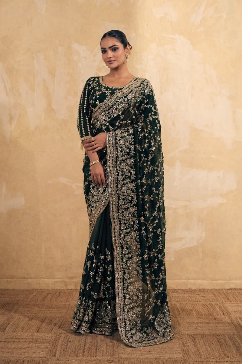 Bottle Green Organza Silk Saree with Hand Embroidery with Stitched Blouse