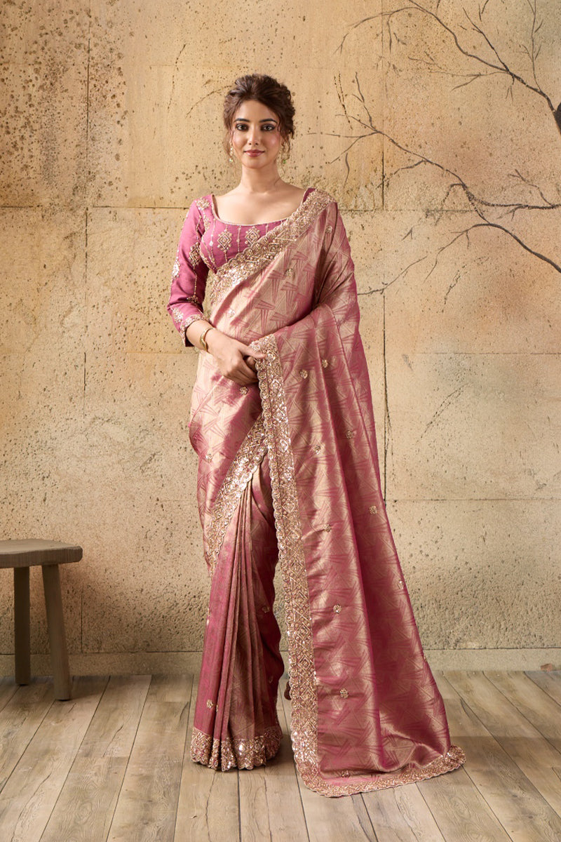 Rose Pink Organza Silk Saree with Zari Hand Embroidery with Stitched Blouse