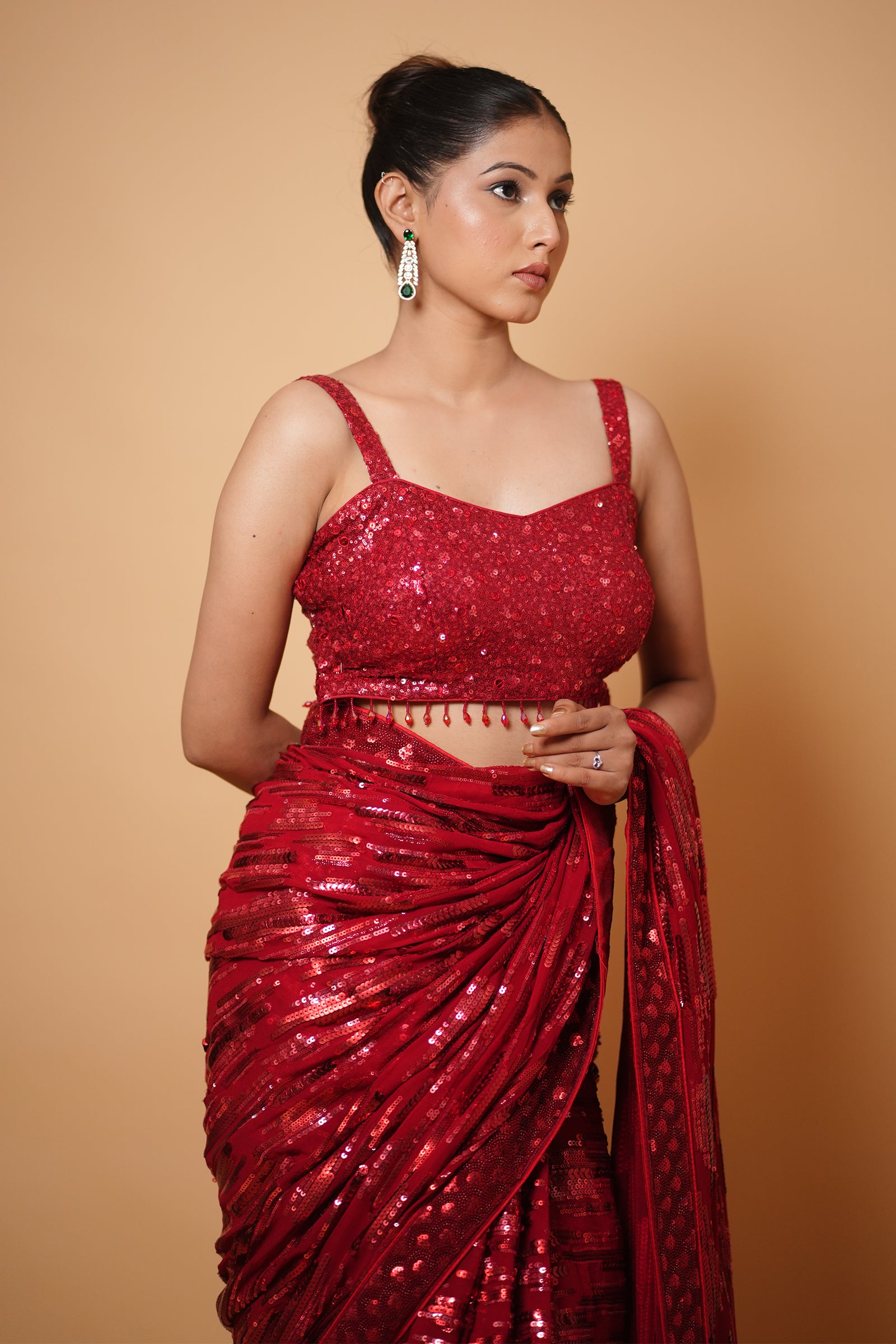 Hot Red Georgette Saree with All-Over Sequin Embroidery With Ready To Wear Blouse