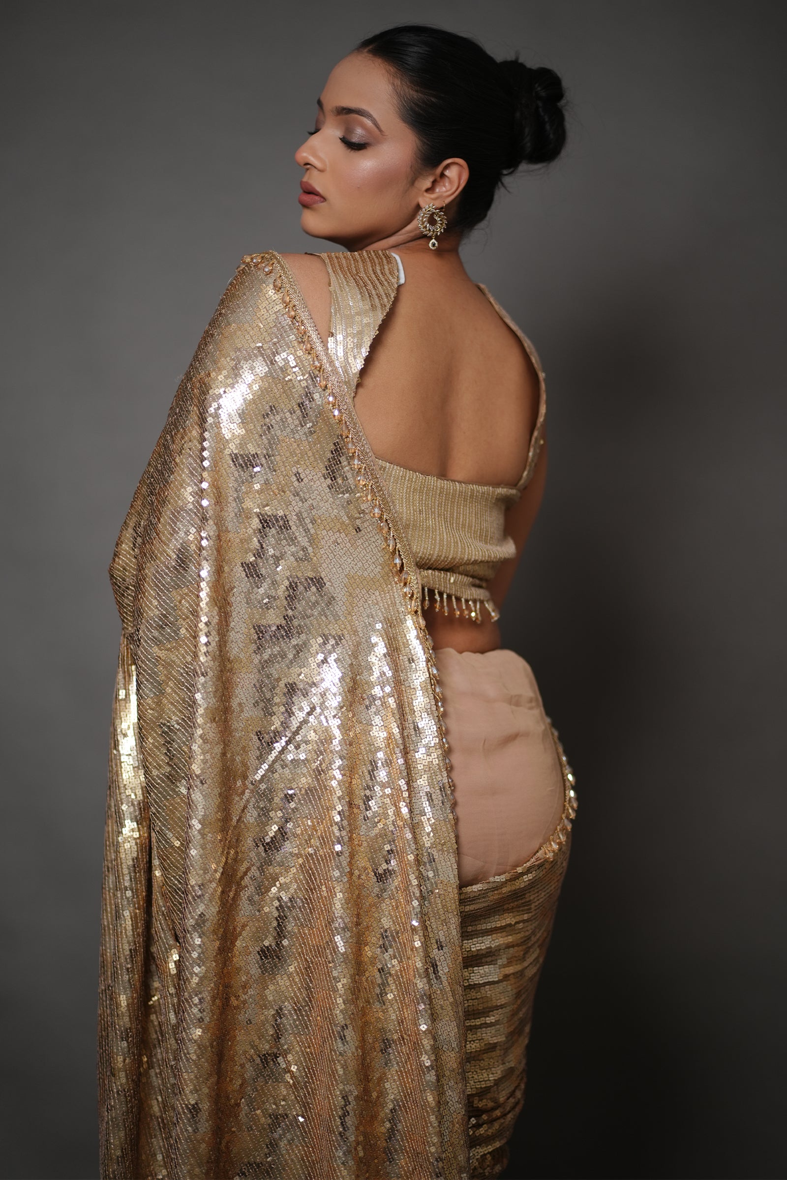 Champagne Gold All-Over Sequin Saree With Ready To Wear Blouse