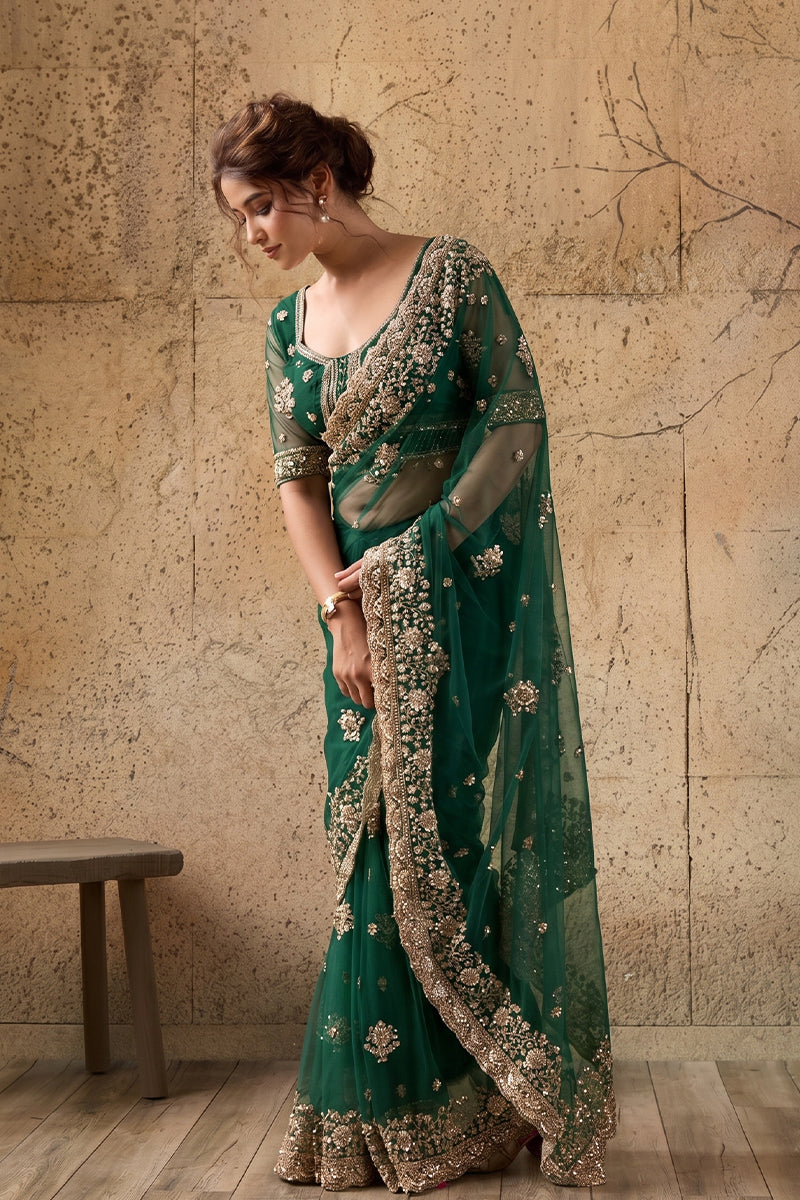 Emerald Green Net Saree with Hand Embroidery with Stitched Blouse