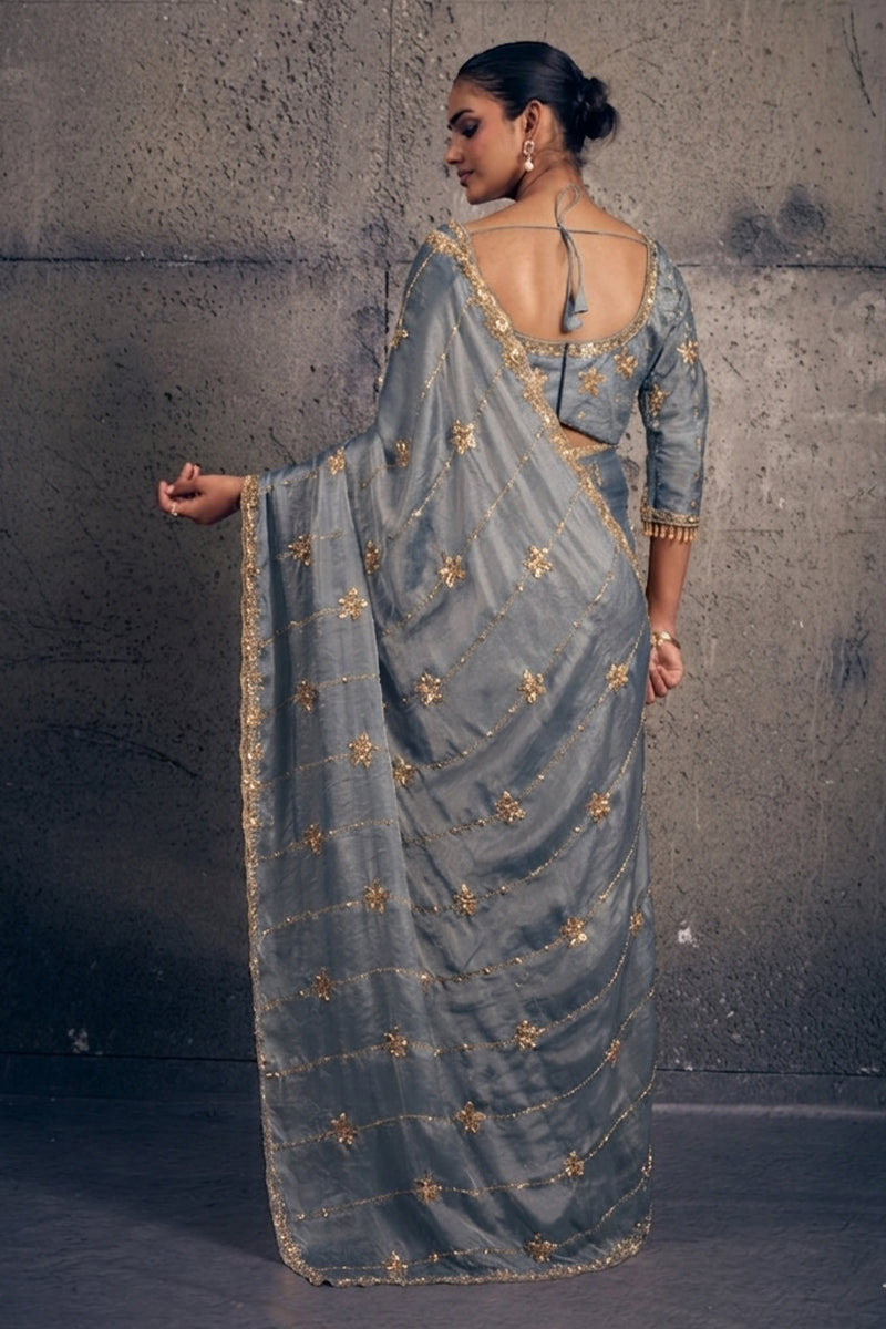Golden Grey Tissue Silk Saree with Hand Embroidery with Stitched Blouse