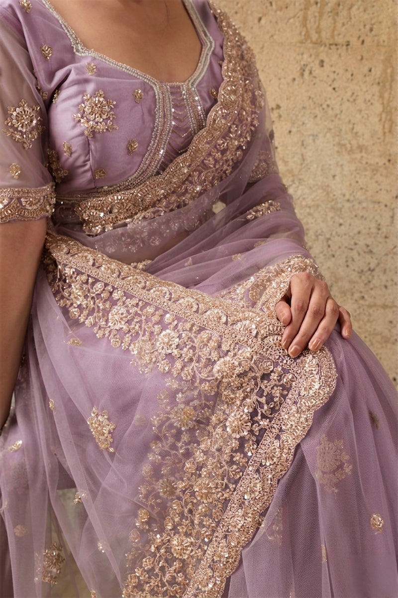 Lavendar Net Saree with Hand Embroidery with Stitched Blouse