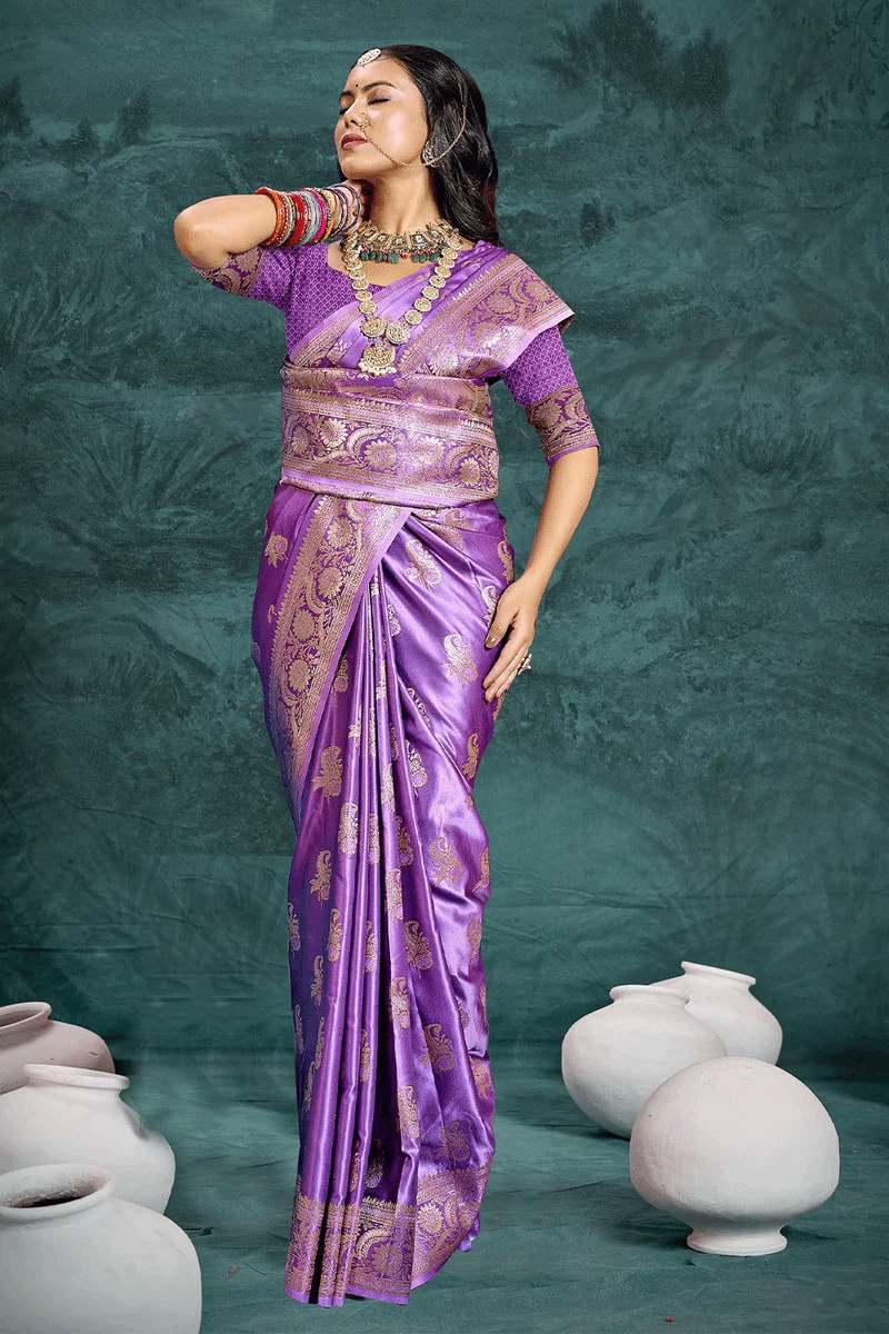 Purple Banarasi Satin Silk Rich Pallu Saree with Silver Zari Weaving Detailing
