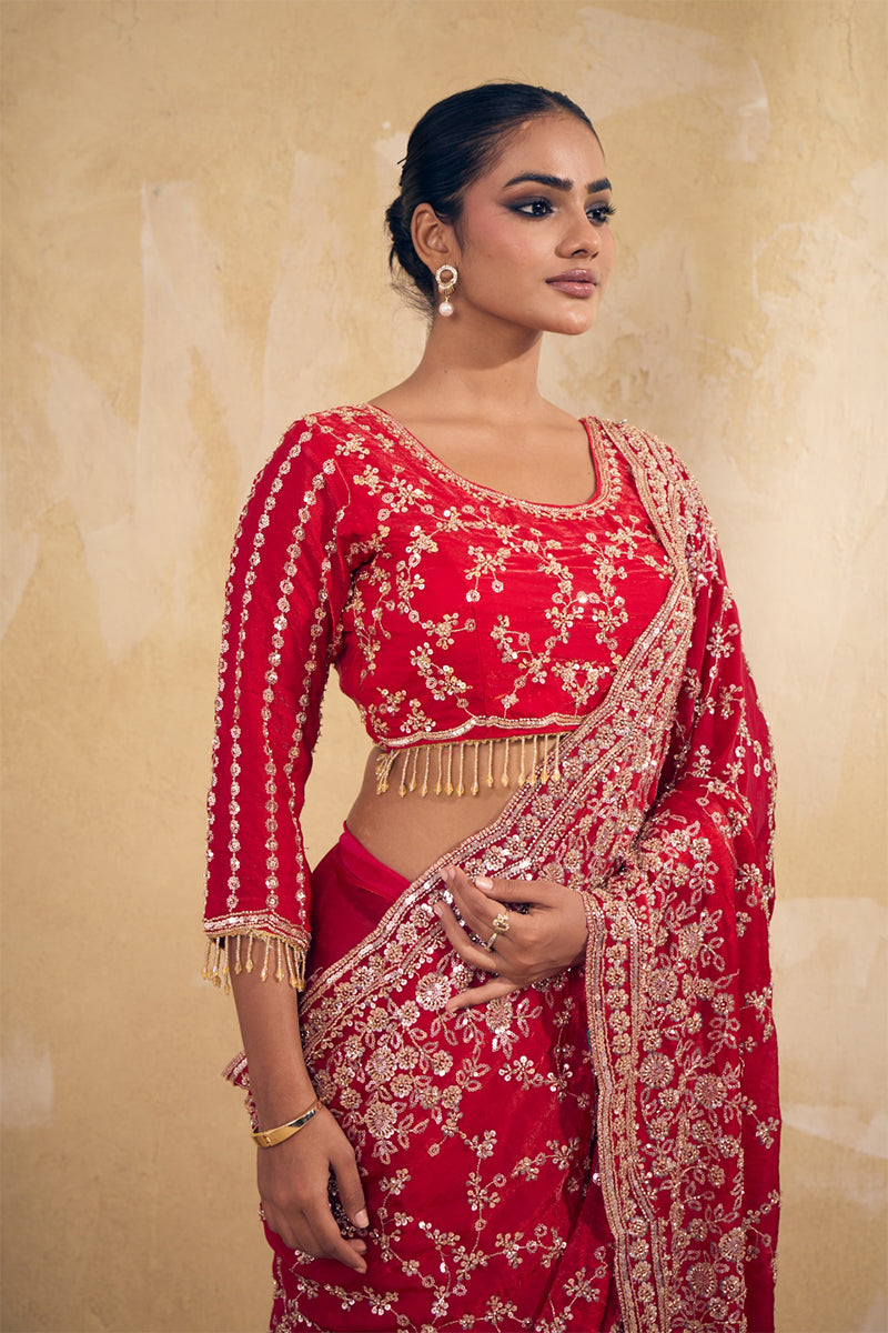 Bridal Red Organza Silk Saree with Hand Embroidery with Stitched Blouse