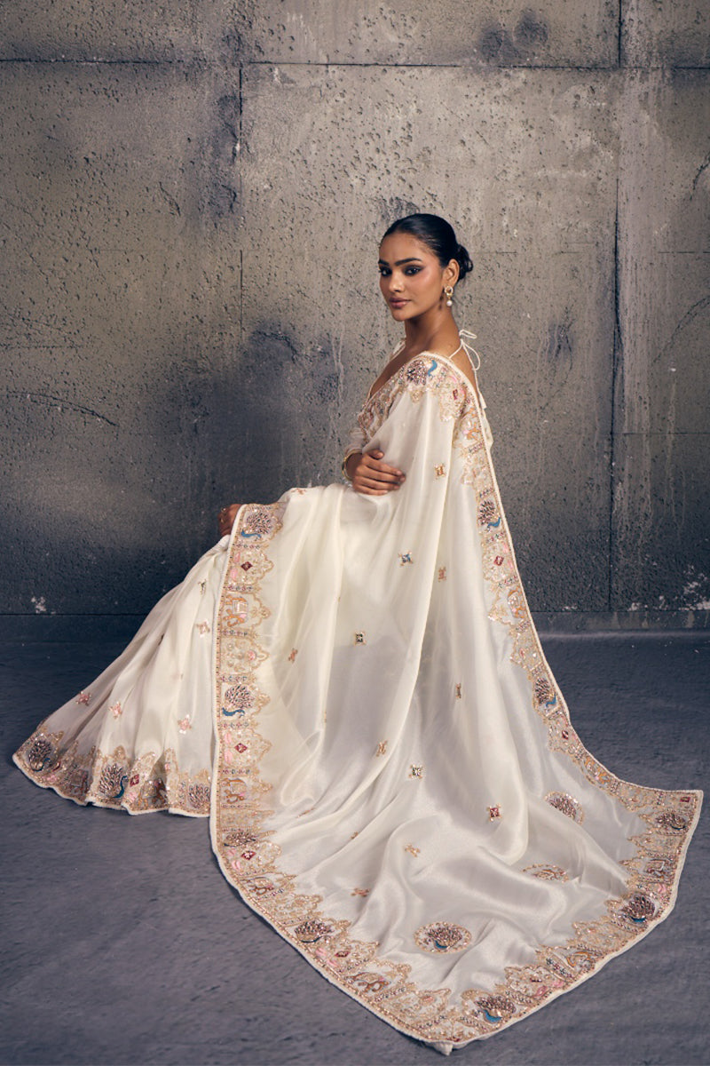 Ivory White Organza Saree with Peacock Hand Embroidery with Stitched Blouse