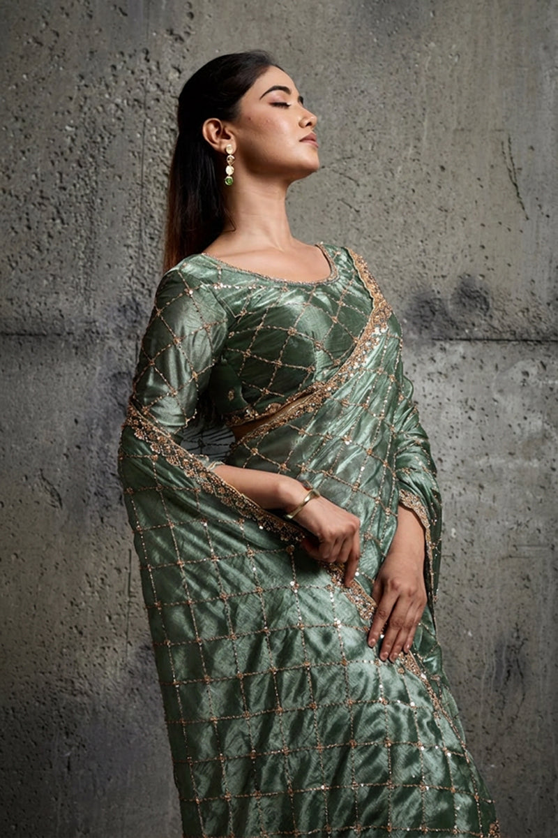 Mint Green Organza Silk Saree with Hand Embroidery with Stitched Blouse