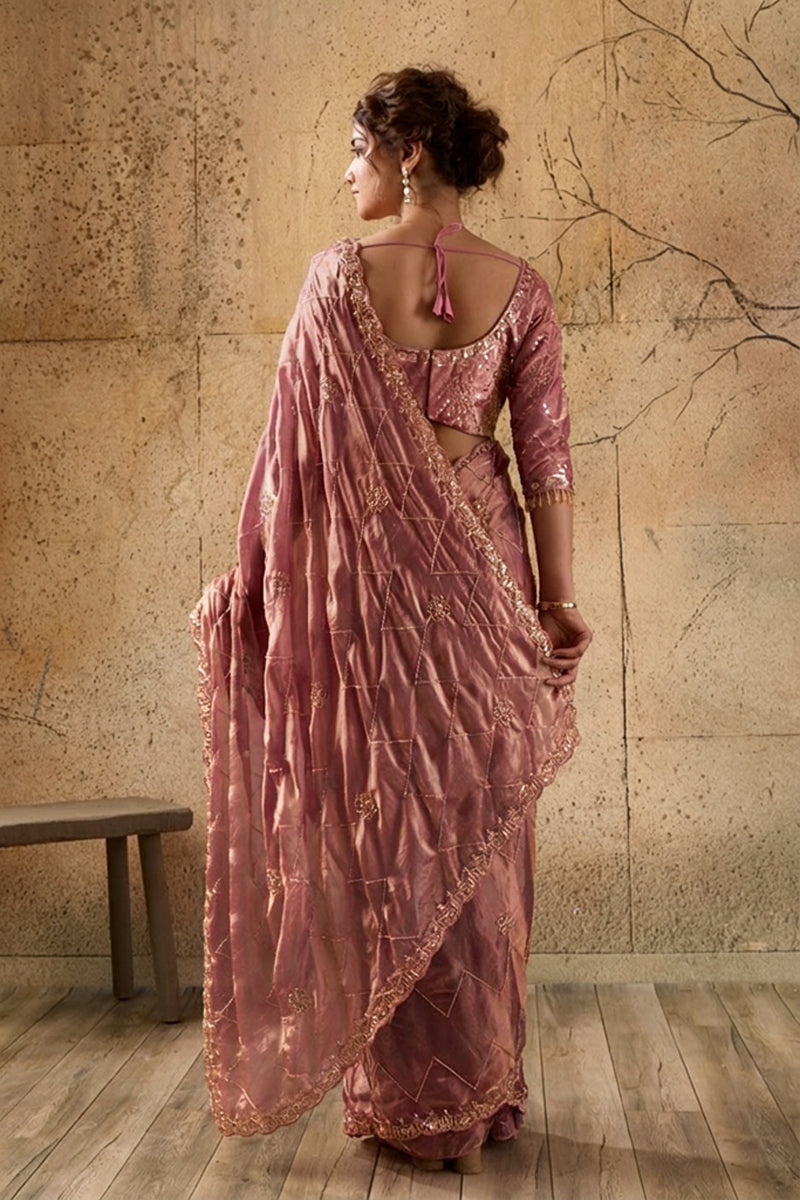 Peach Pink Organza Saree with Hand Embroidery with Stitched Blouse