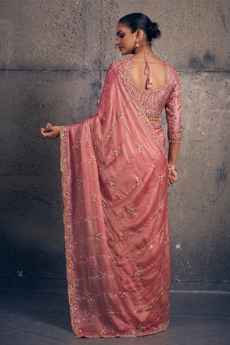 Rose Pink Tissue Silk Saree with Hand Embroidery with Stitched Blouse