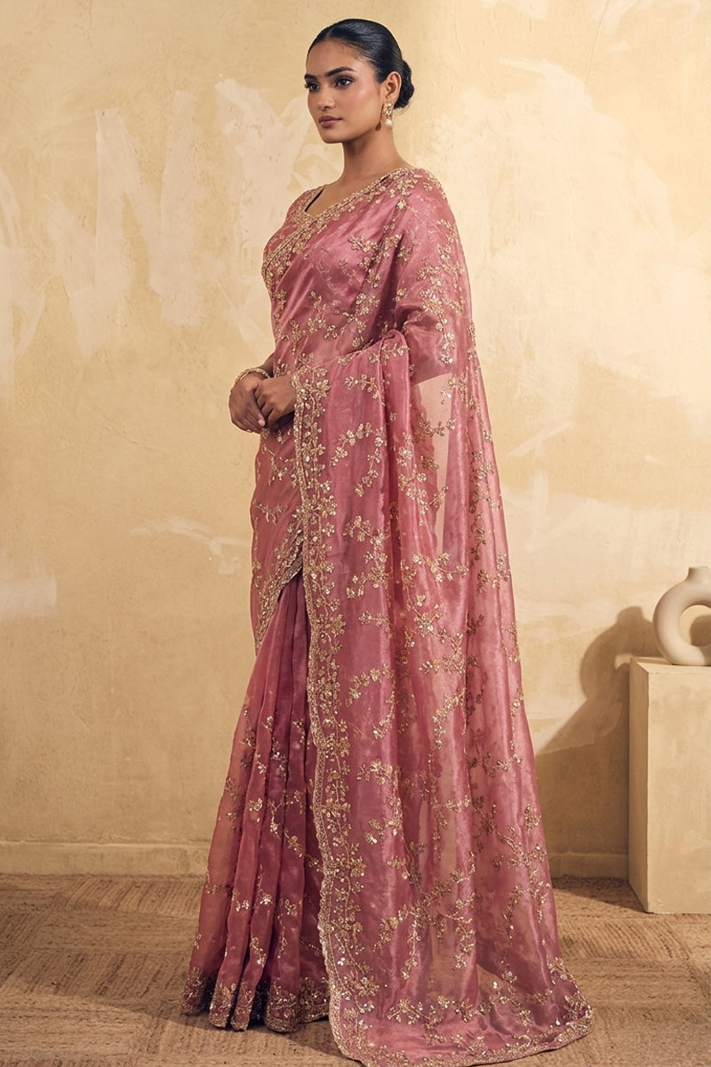 Magenta Pink Organza Silk Saree with Hand Embriodery with Stitched Blouse