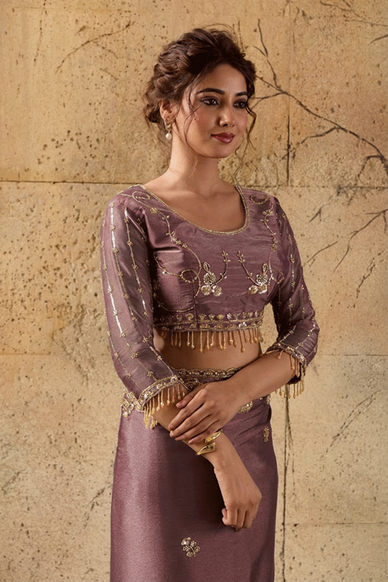 Mauve Pink Organza Saree with Floral Hand Embroidery