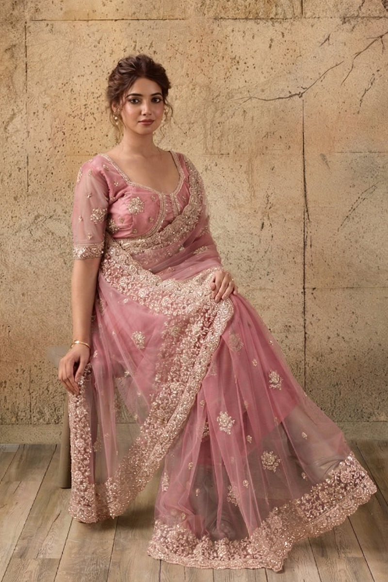 Rose Pink Net Saree with Hand Embroidery with Stitched Blouse