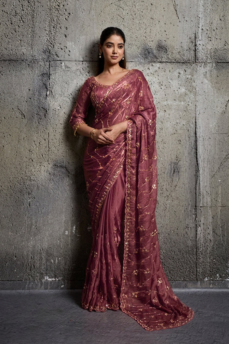 Rose Pink Organza Saree with Hand Embroidery with Stitched Blouse