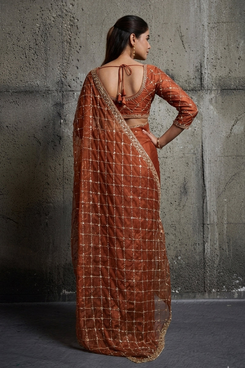 Rusty Dark Orange Organza Silk Saree with Hand Embroidery with Stitched Blouse