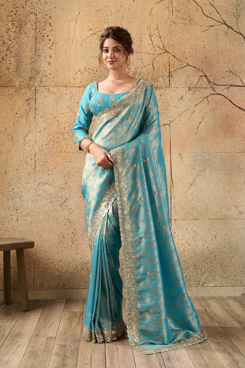 Sky Blue Organza Silk Saree with Zari Hand Embroidery with Stitched Blouse