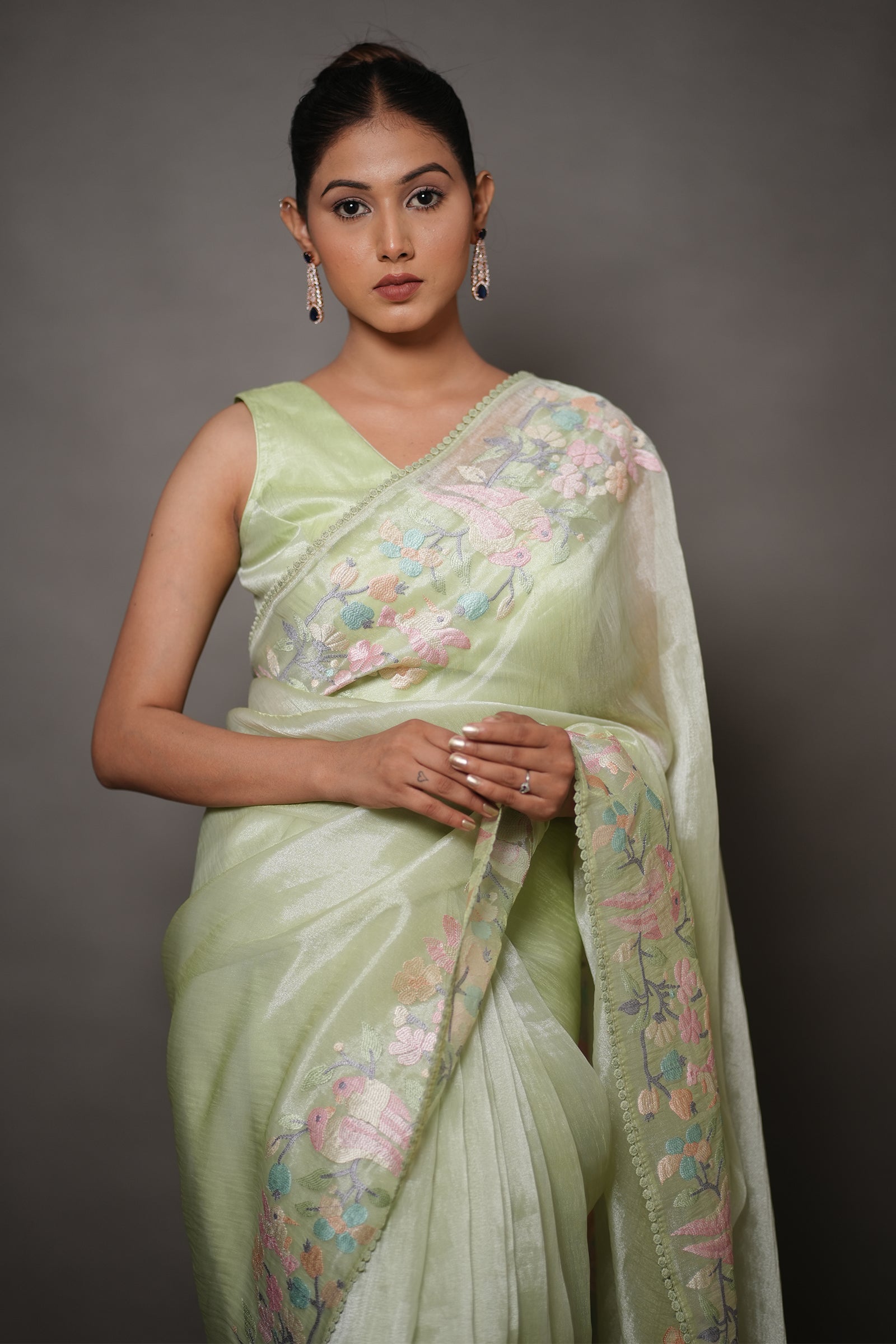 Pastel Green Organza Saree with Pastel Floral Thread Work