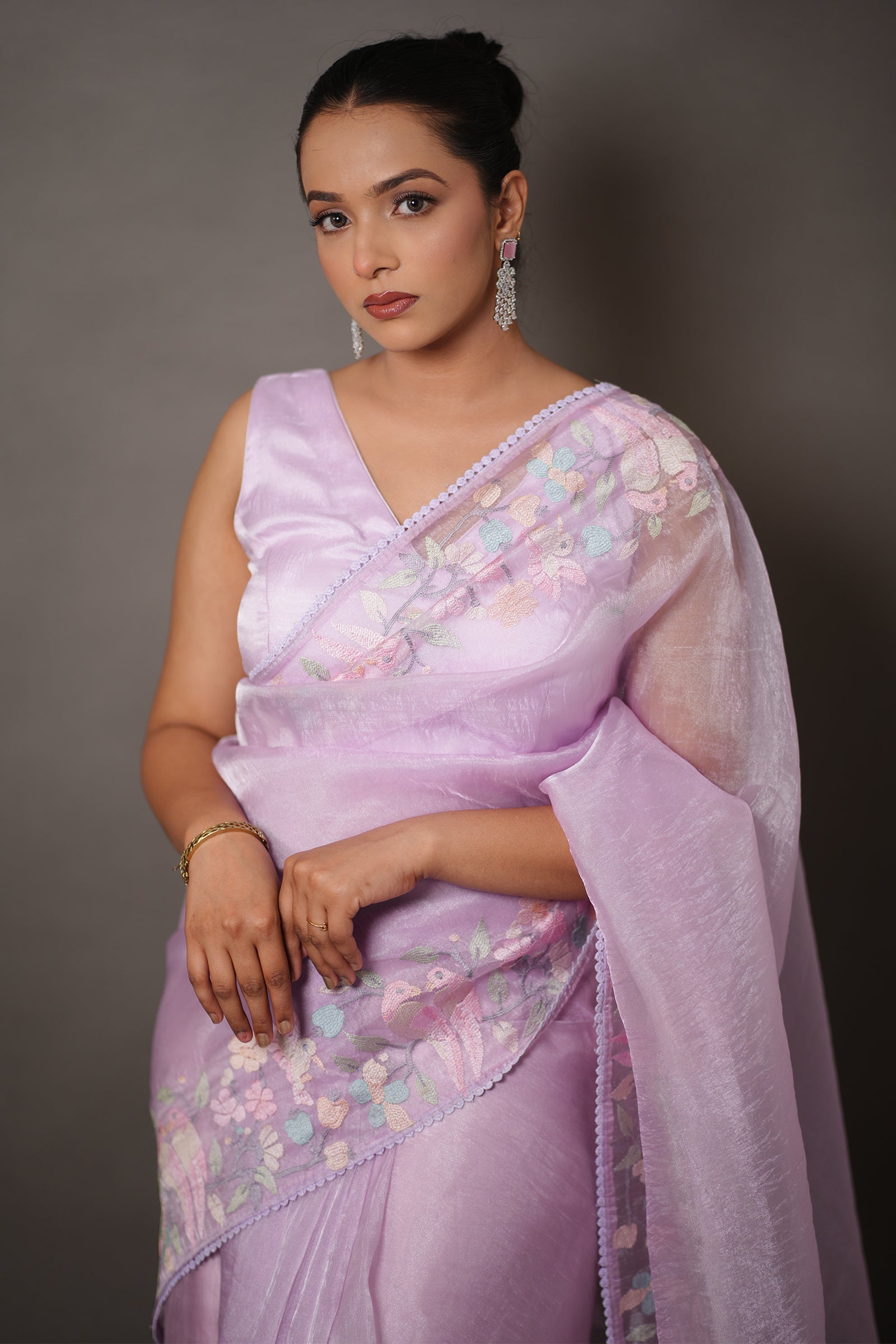 Lavendar Purple Organza Saree with Pastel Floral Thread Work
