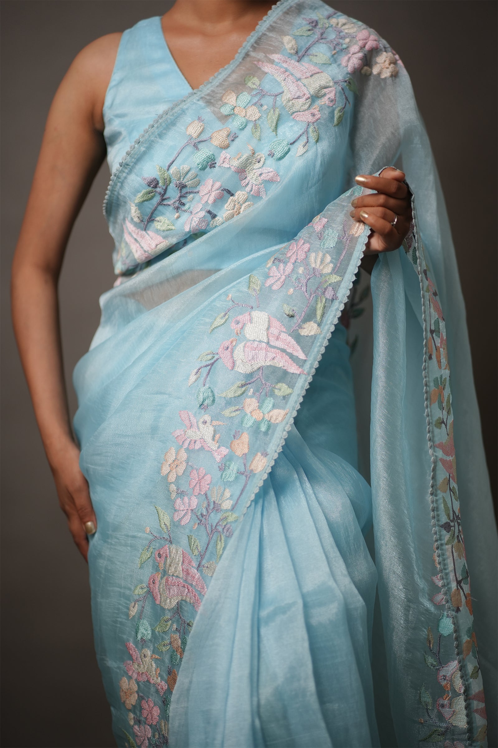 Sky Blue Organza Saree with Pastel Floral Thread Work