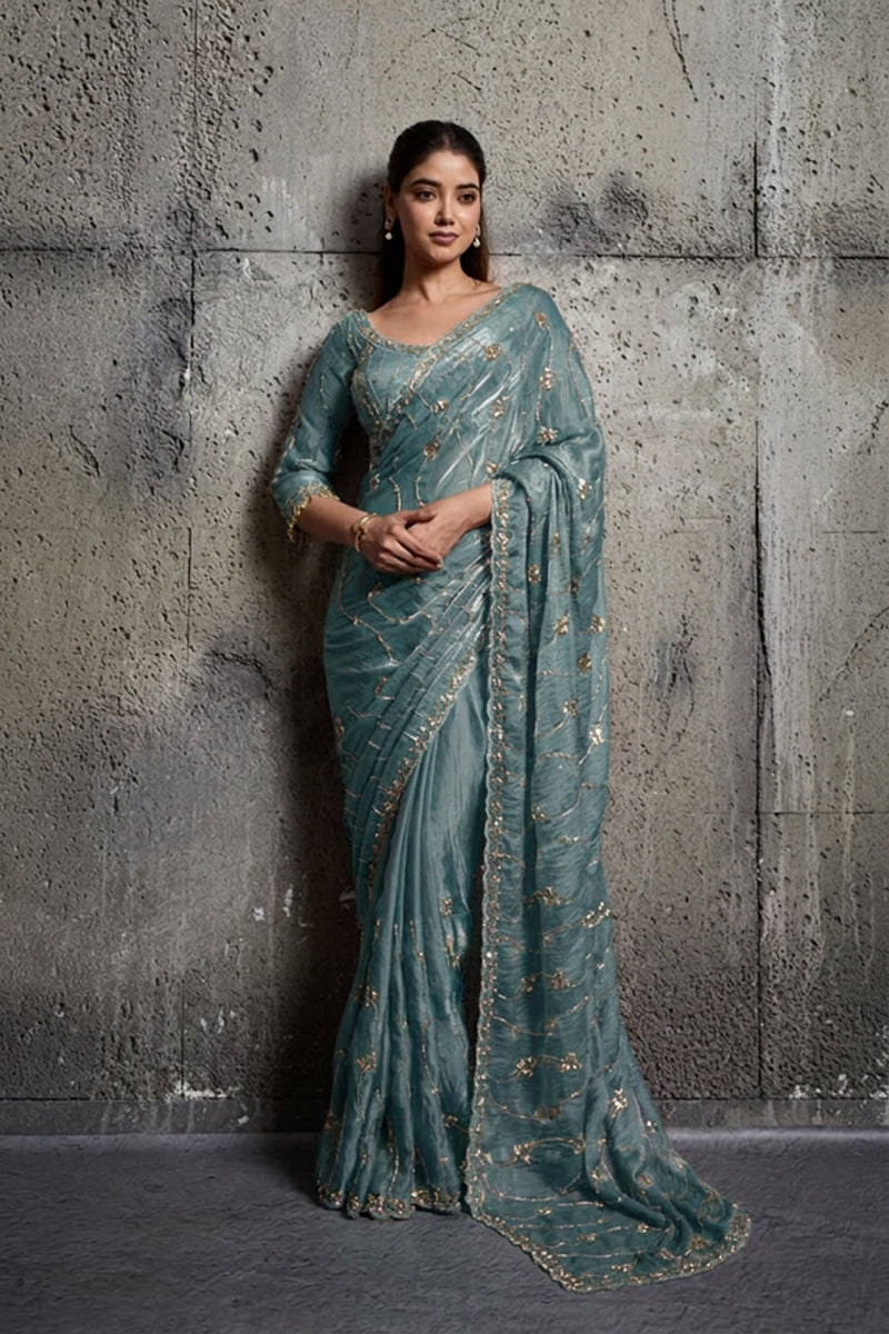 Teal Blue Organza Saree with Hand Embroidery with Stitched Blouse