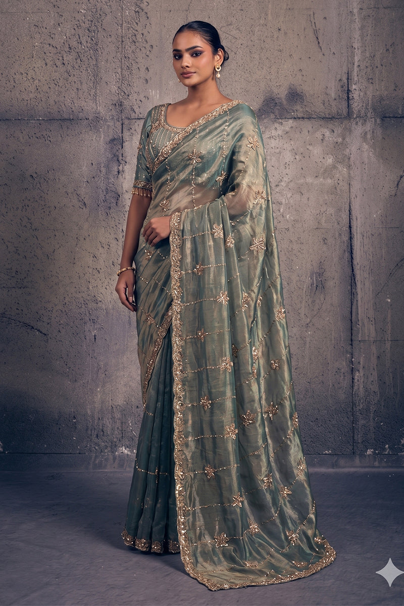 Light Teal Green Tissue Silk Saree with Hand Embroidery with Stitched Blouse