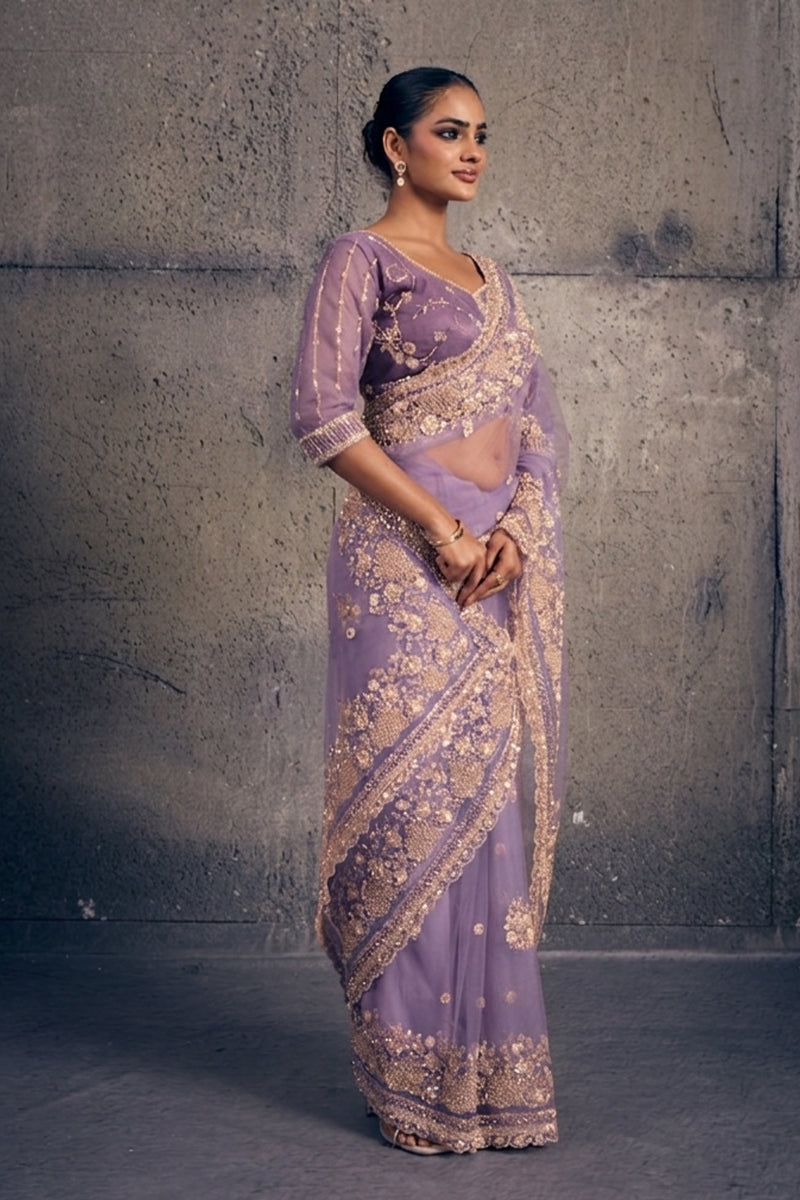 Light Lavendar Net Saree with Hand Embroidery with Stitched Blouse