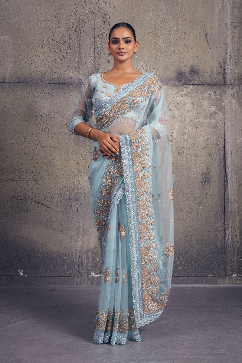 Sky Blue Net Saree with Hand Embroidery with Stitched Blouse