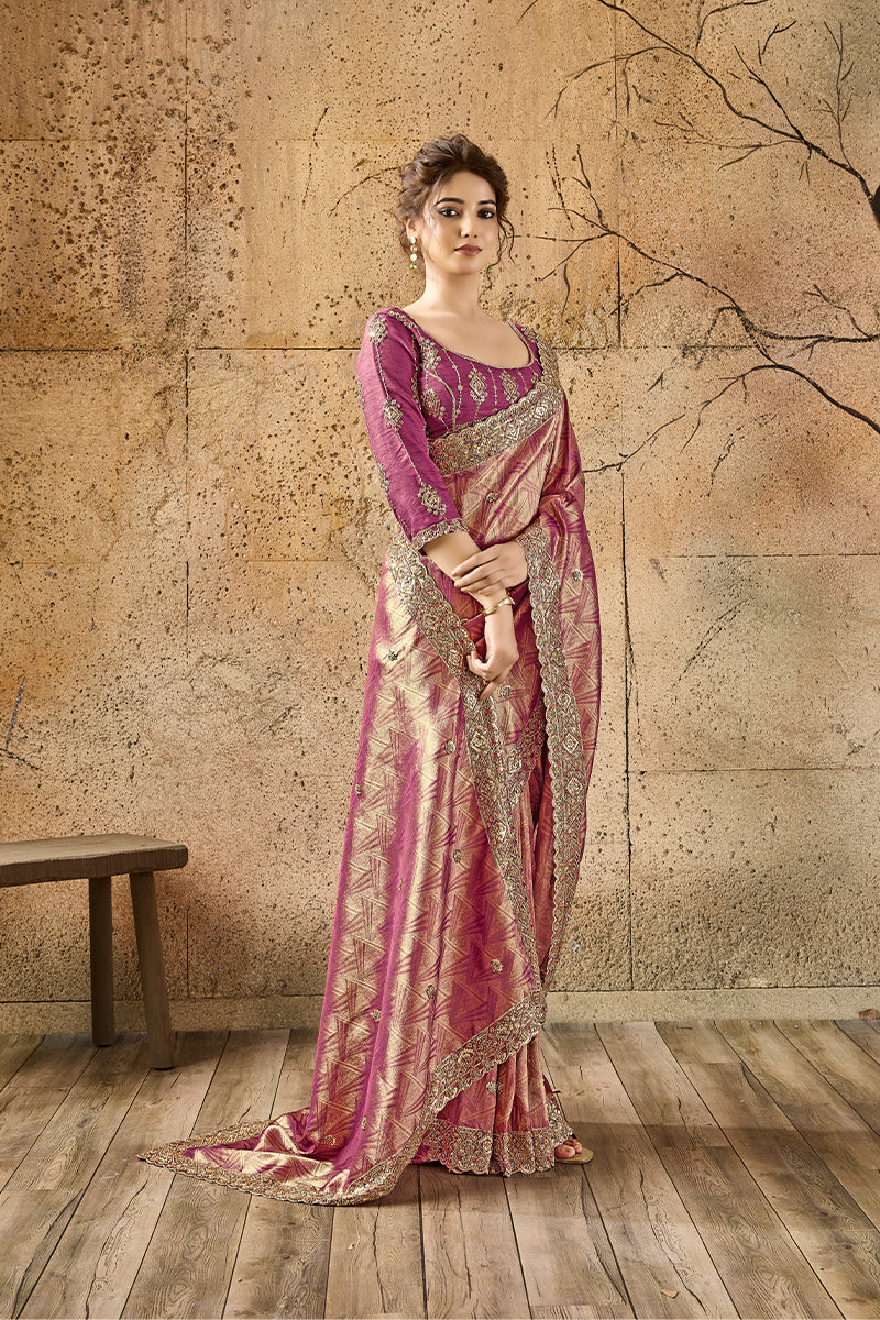Rose Pink Organza Silk Saree with Zari Hand Embroidery with Stitched Blouse