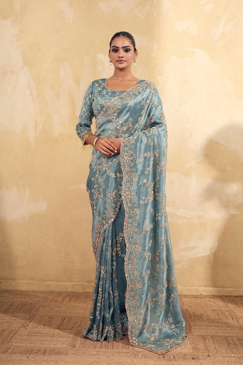 Aqua Blue Organza Silk Saree with Hand Embriodery with Stitched Blouse