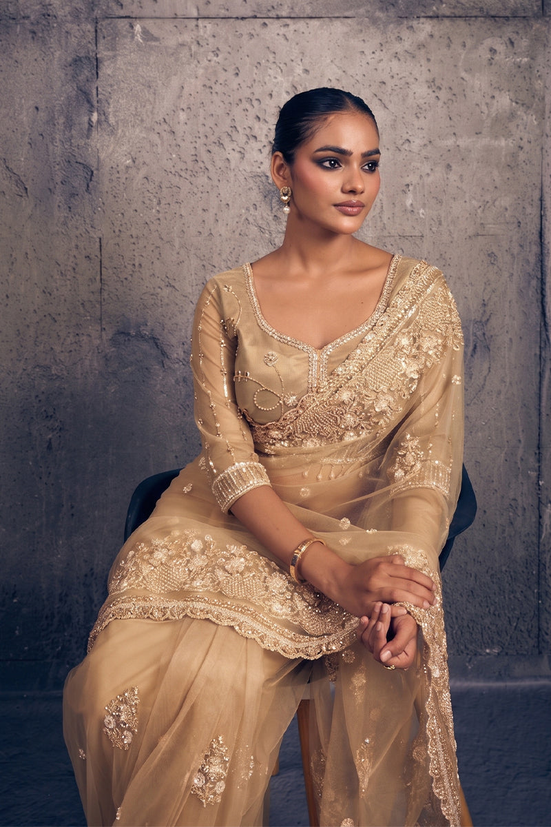 Beige Gold Net Saree with Hand Embroidery with Stitched Blouse
