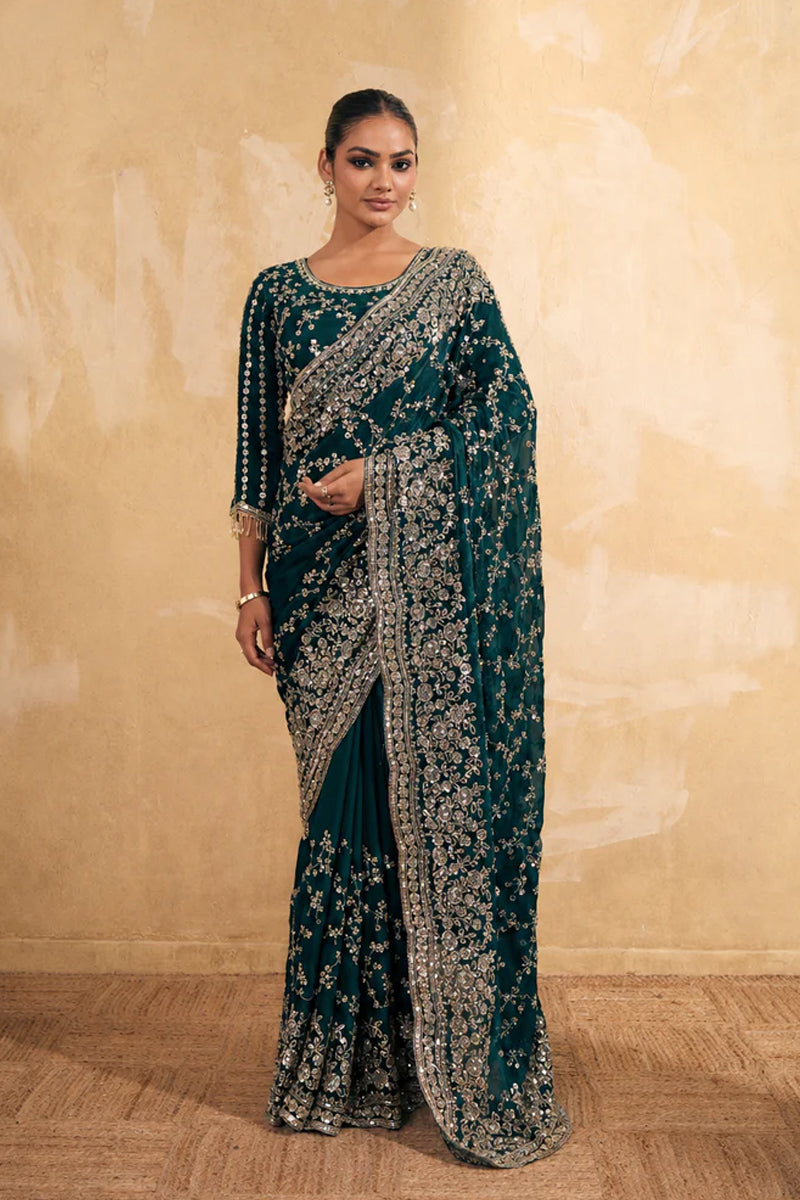 Bottle Green Organza Silk Saree with Hand Embroidery with Stitched Blouse
