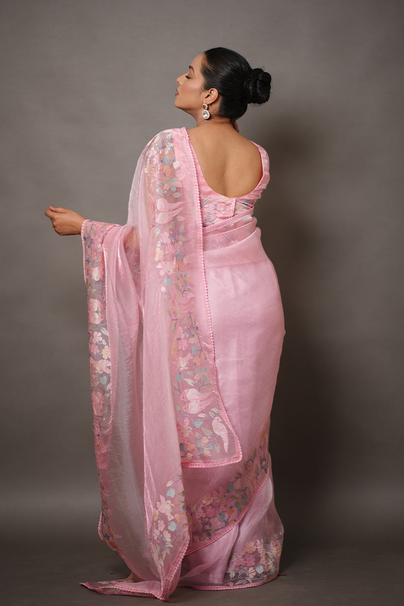 Soft Pink Organza Saree with Pastel Floral Thread Work