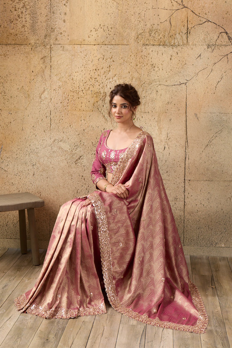 Rose Pink Organza Silk Saree with Zari Hand Embroidery with Stitched Blouse