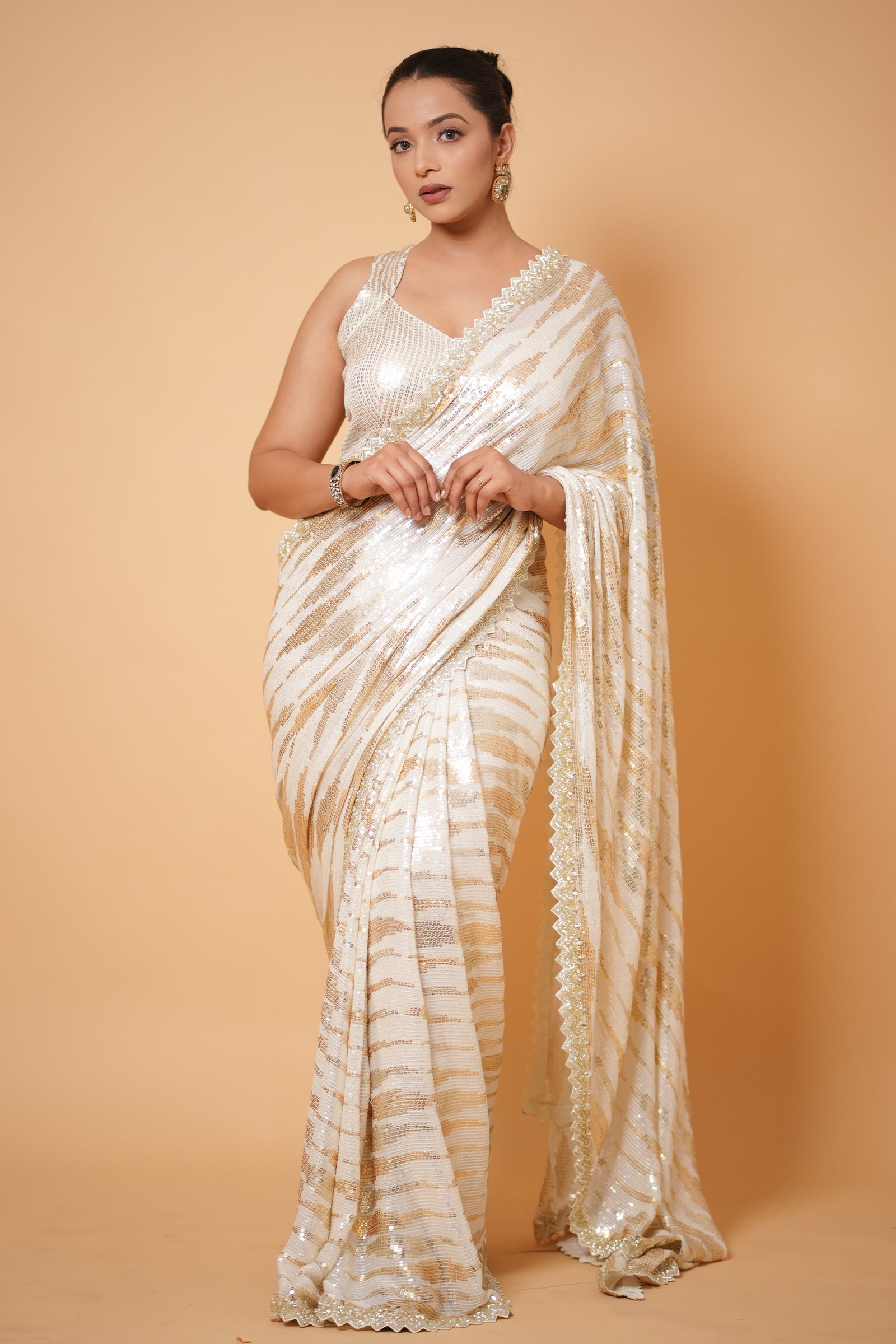 White & Champagne Gold Striped Sequin Embroidery Saree With Ready To Wear Blouse