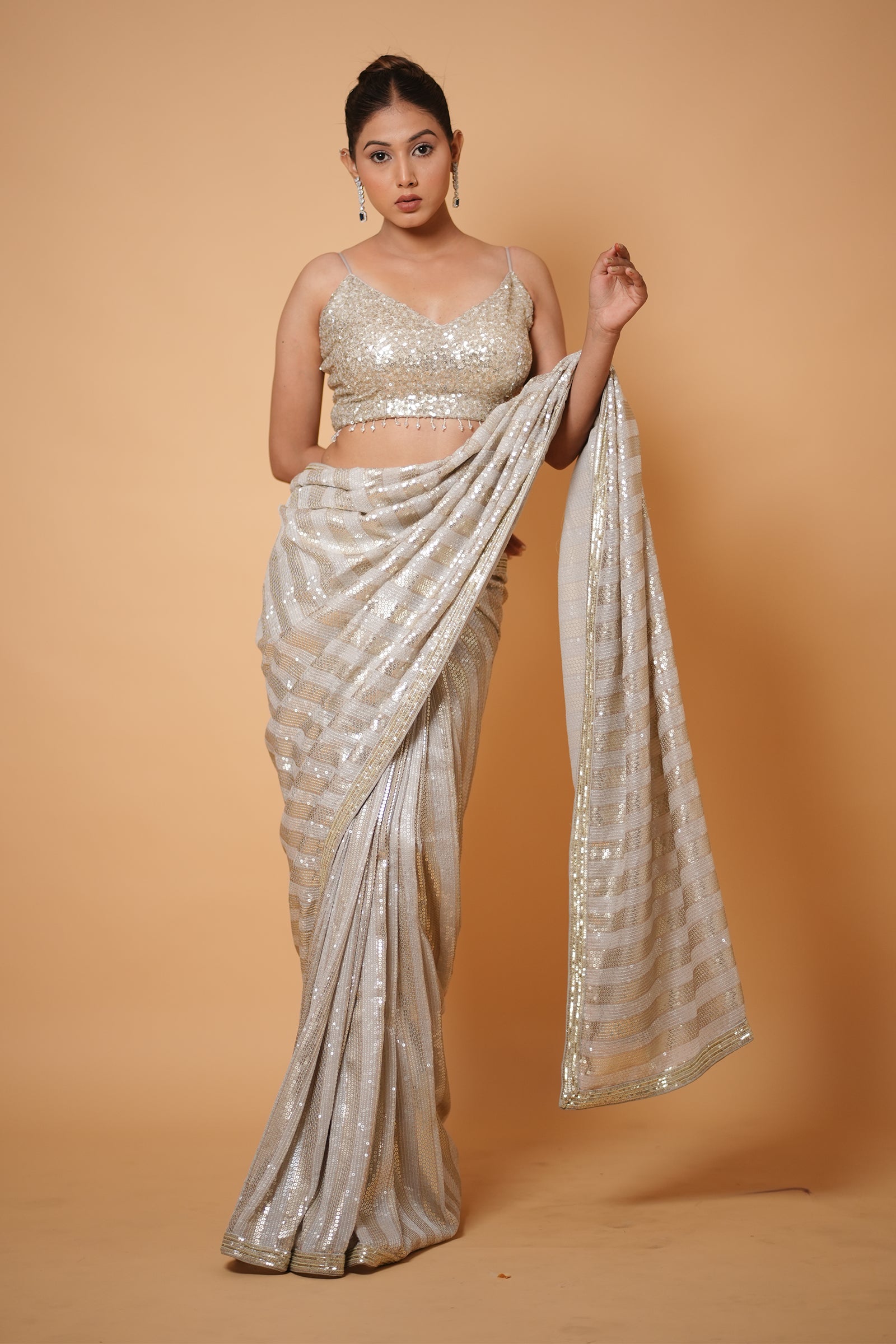 Off-White With Silver Diagonal Striped Sequin Embroidery Saree With Ready To Wear Blouse