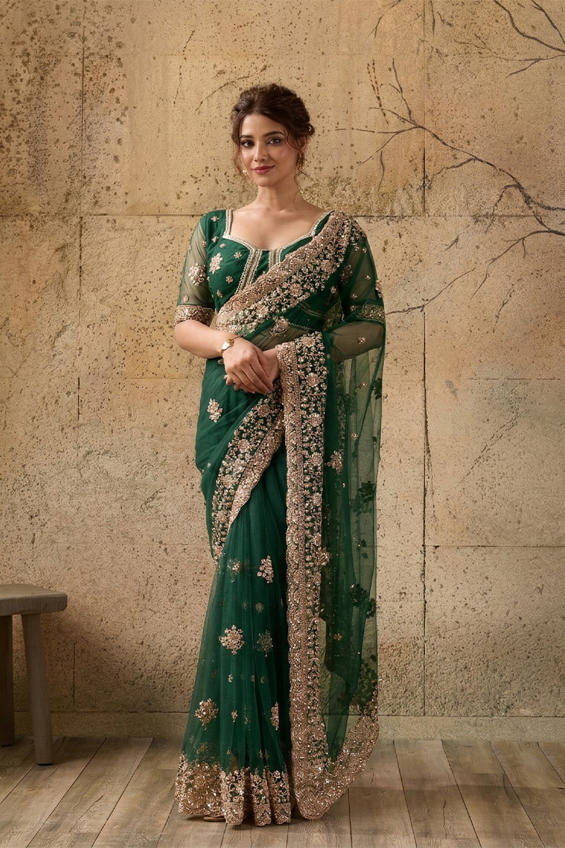 Emerald Green Net Saree with Hand Embroidery with Stitched Blouse