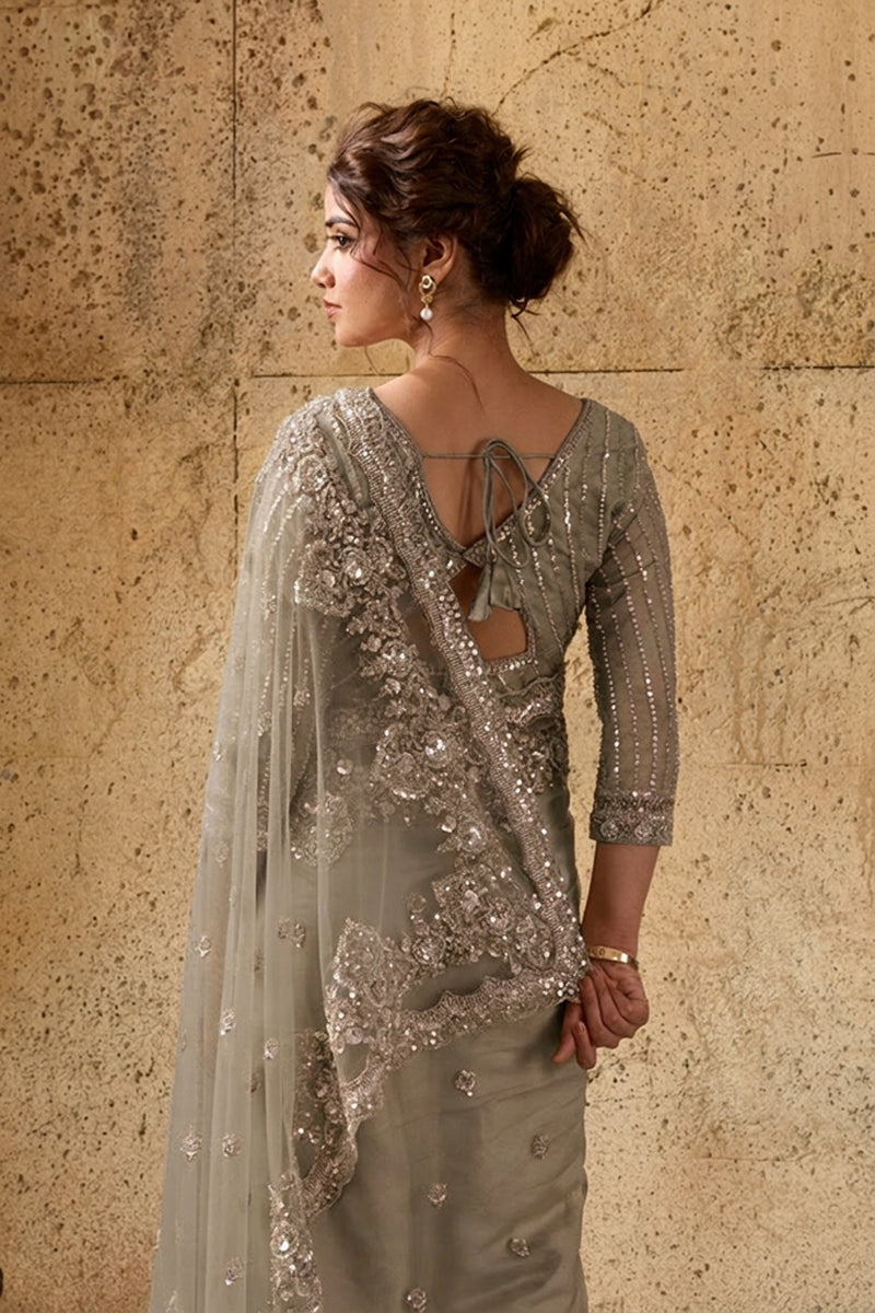 Dark Golden Net Saree With Sequin Hand Embroidery with Stitched Blouse