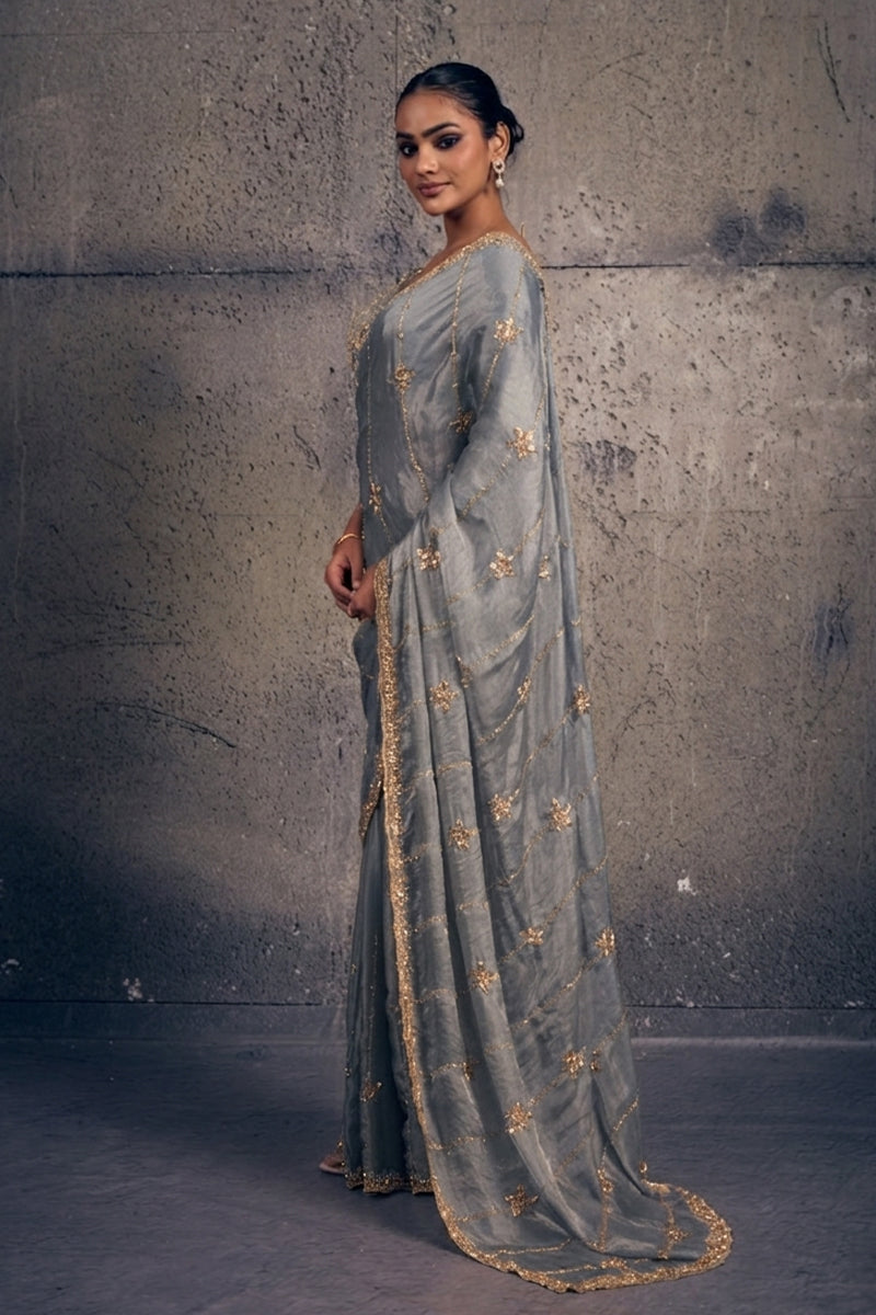Golden Grey Tissue Silk Saree with Hand Embroidery with Stitched Blouse