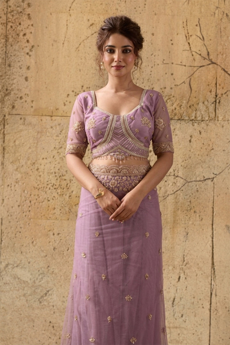 Lavendar Net Saree with Hand Embroidery with Stitched Blouse