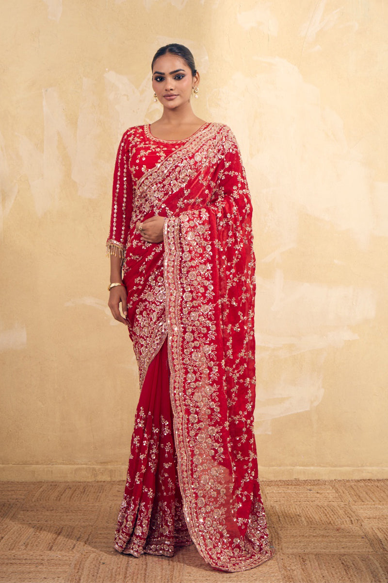 Bridal Red Organza Silk Saree with Hand Embroidery with Stitched Blouse