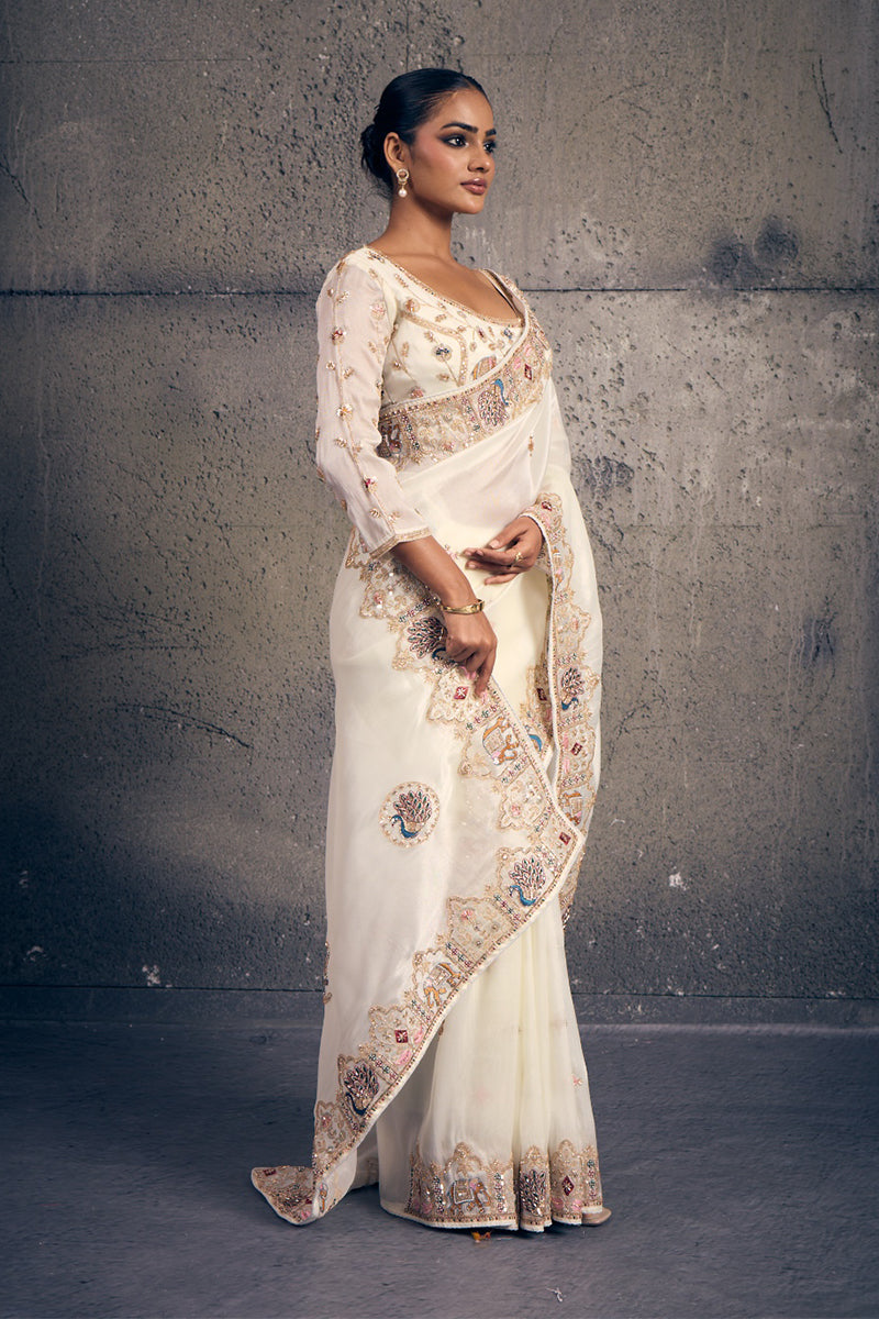 Ivory White Organza Saree with Peacock Hand Embroidery with Stitched Blouse