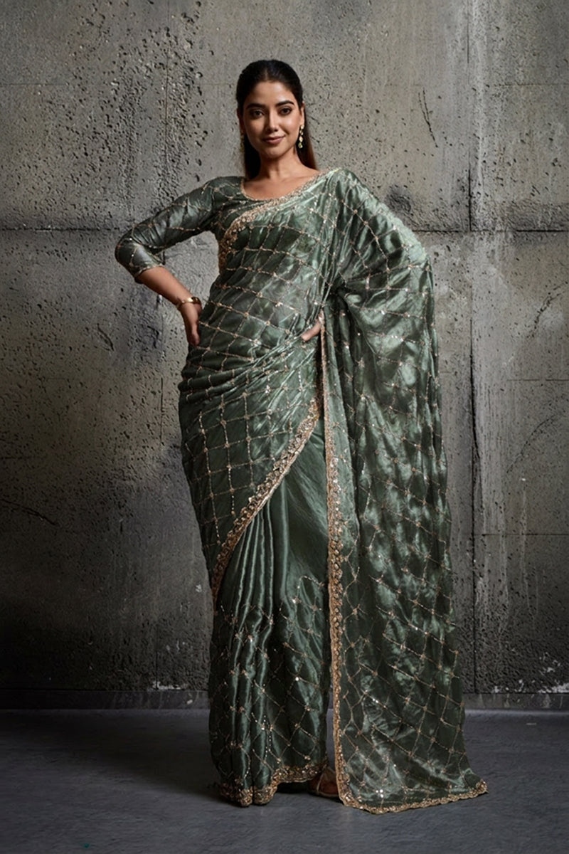 Mint Green Organza Silk Saree with Hand Embroidery with Stitched Blouse