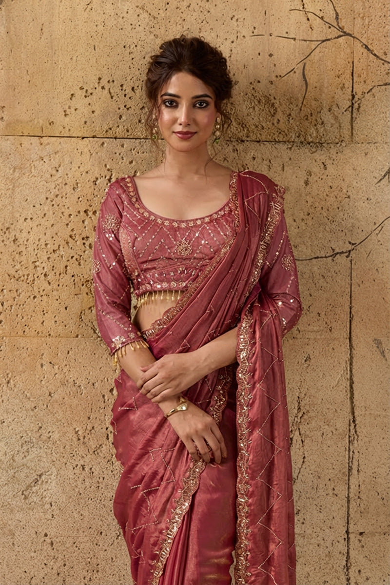 Peach Pink Organza Saree with Hand Embroidery with Stitched Blouse